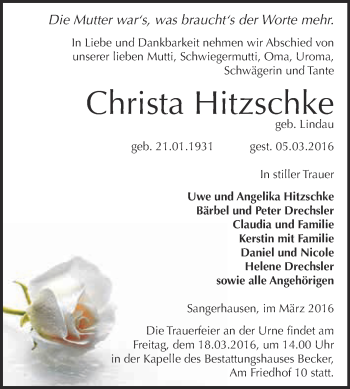 Traueranzeige von Christa Hitzschke von Super Sonntag SGH Mansf. Land