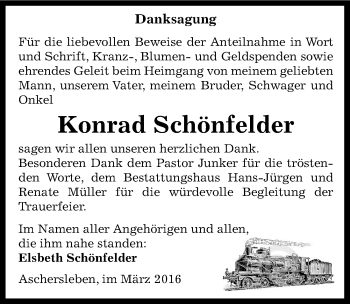 Traueranzeige von Konrad Schönfelder von Mitteldeutsche Zeitung Aschersleben