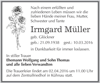 Traueranzeige von Irmgard Müller von WVG - Wochenspiegel Dessau / Köthen