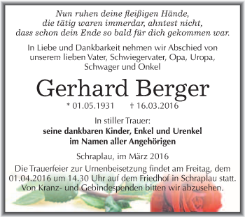 Traueranzeige von Gerhard Berger von WVG - Wochenspiegel Merseburg