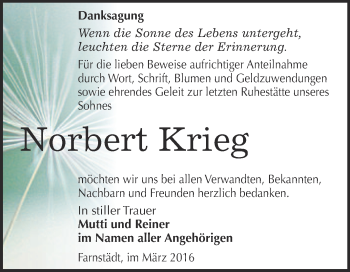 Traueranzeige von Norbert Krieg von Super Sonntag Merseburg