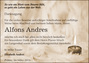 Traueranzeige von Alfons Andres von Mitteldeutsche Zeitung Weißenfels