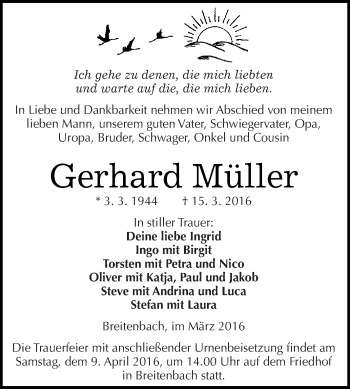 Traueranzeige von Gerhard Müller von Super Sonntag SGH Mansf. Land