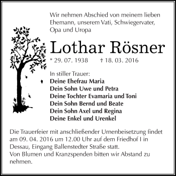Traueranzeige von Lothar Rösner von WVG - Wochenspiegel Dessau / Köthen