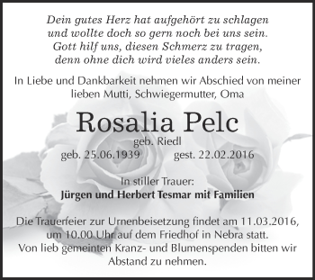 Traueranzeige von Rosalia Pelc von WVG - Wochenspiegel NMB / WSF / ZTZ