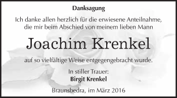 Traueranzeige von Joachim Krenkel von WVG - Wochenspiegel Merseburg