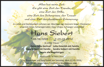 Traueranzeige von Hans Siebert von Mitteldeutsche Zeitung Sangerhausen