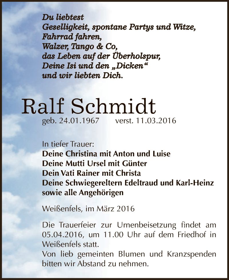  Traueranzeige für Ralf Schmidt vom 30.03.2016 aus WVG - Wochenspiegel NMB / WSF / ZTZ