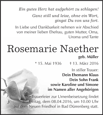 Traueranzeige von Rosemarie Naether von Super Sonntag Merseburg