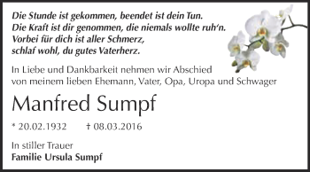 Traueranzeige von Manfred Sumpf von WVG - Wochenspiegel Dessau / Köthen