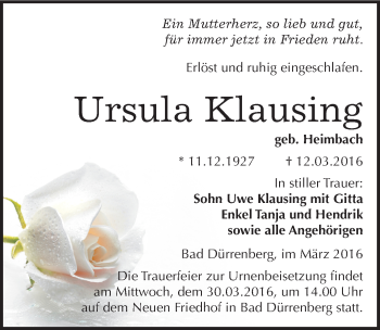 Traueranzeige von Ursula Klausing von Mitteldeutsche Zeitung Merseburg/Querfurt