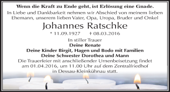 Traueranzeige von Johannes Ratschke von Mitteldeutsche Zeitung Dessau-Roßlau