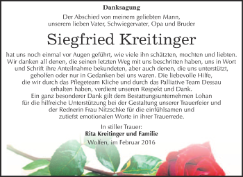 Traueranzeige von Siegfried Kreitinger von WVG - Wochenspiegel Bitterfeld