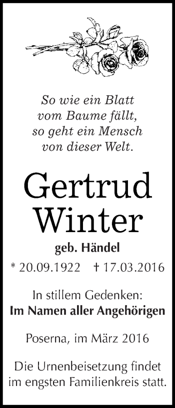 Traueranzeige von Gertrud Winter von WVG - Wochenspiegel NMB / WSF / ZTZ