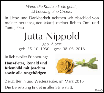 Traueranzeige von Jutta Nippold von Super Sonntag Zeitz