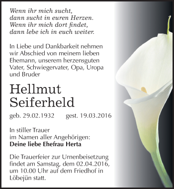 Traueranzeige von Hellmut Seiferheld von Mitteldeutsche Zeitung Halle/Saalkreis