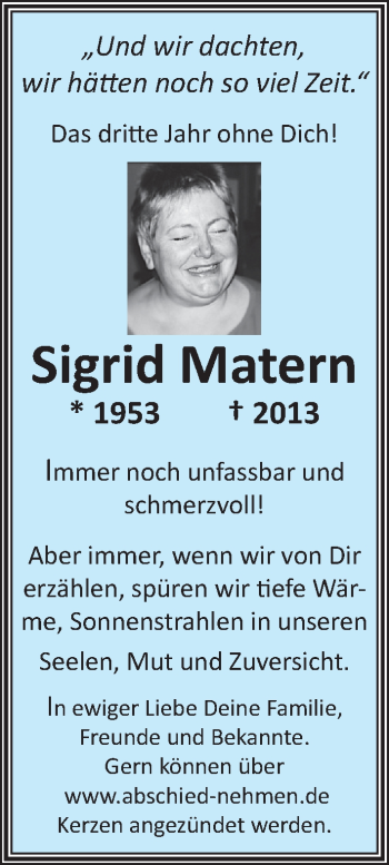 Traueranzeige von Sigrid Matern von Mitteldeutsche Zeitung Halle/Saalkreis