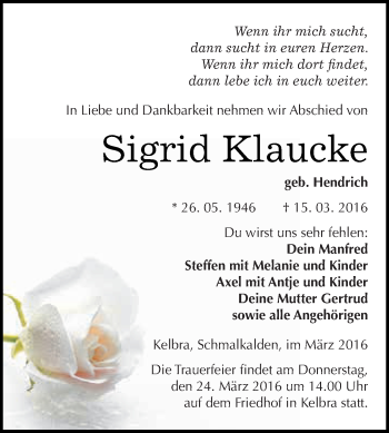 Traueranzeige von Sigrid Klaucke von Super Sonntag SGH Mansf. Land