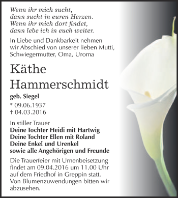 Traueranzeige von Käthe Hammerschmidt von WVG - Wochenspiegel Bitterfeld