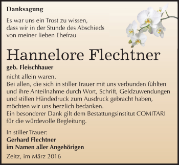 Traueranzeige von Hannelore Flechtner von Mitteldeutsche Zeitung Zeitz