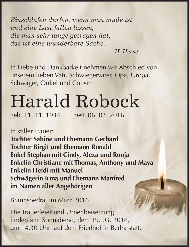  Traueranzeige für Harald Robock vom 12.03.2016 aus Mitteldeutsche Zeitung Merseburg/Querfurt