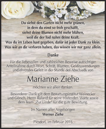 Traueranzeige von Marianne Ziehe von Super Sonntag Bernburg