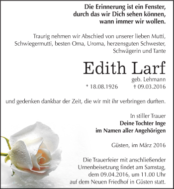 Traueranzeige von Edith Larf von Mitteldeutsche Zeitung Bernburg
