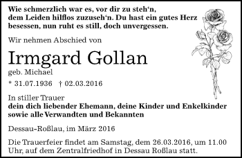 Traueranzeige von Irmgard Gollan von Mitteldeutsche Zeitung Dessau-Roßlau