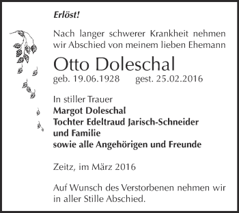 Traueranzeige von Otto Doleschal von Super Sonntag Zeitz