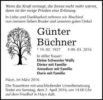Traueranzeige von Günter Büchner von Mitteldeutsche Zeitung Sangerhausen
