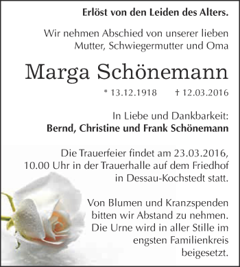 Traueranzeige von Marga Schönemann von WVG - Wochenspiegel Dessau / Köthen