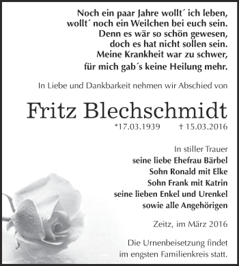 Traueranzeige von Fritz Blechschmidt von Super Sonntag Zeitz