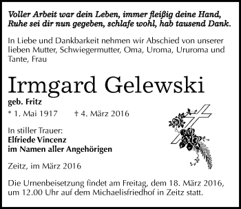 Traueranzeige von Irmgard Gelewski von Mitteldeutsche Zeitung Zeitz