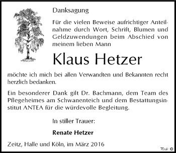 Traueranzeige von Klaus Hetzer von Mitteldeutsche Zeitung Zeitz