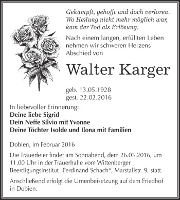 Traueranzeige von Walter Karger von WVG - Wochenspiegel Wittenberg