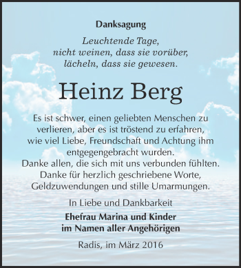 Traueranzeige von Heinz Berg von WVG - Wochenspiegel Wittenberg