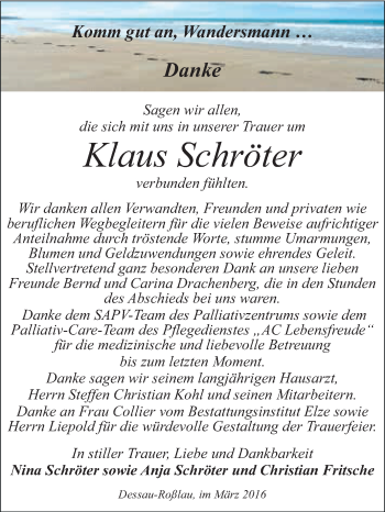 Traueranzeige von Klaus Schröter von WVG - Wochenspiegel Dessau / Köthen