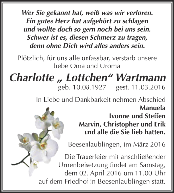 Traueranzeige von Charlotte Wartmann von Super Sonntag Bernburg