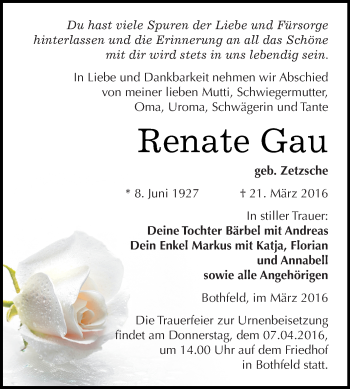 Traueranzeige von Renate Gau von Super Sonntag Merseburg