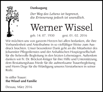 Traueranzeige von Werner Wissel von WVG - Wochenspiegel Dessau / Köthen