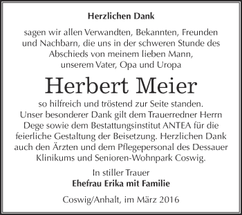 Traueranzeige von Herbert Meier von Super Sonntag Wittenberg