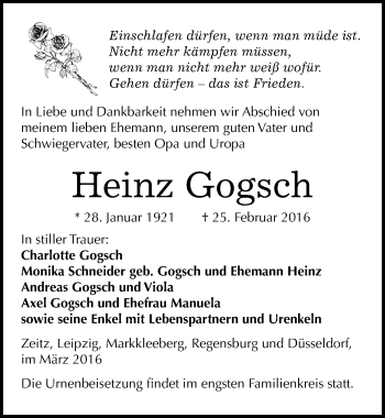 Traueranzeige von Heinz Gogsch von Mitteldeutsche Zeitung Zeitz