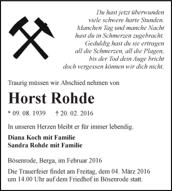Traueranzeige von Horst Rohde von WVG - Wochenspiegel SGH