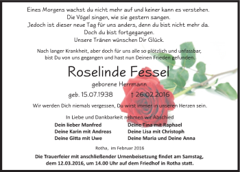 Traueranzeige von Roselinde Fessel von Mitteldeutsche Zeitung Sangerhausen