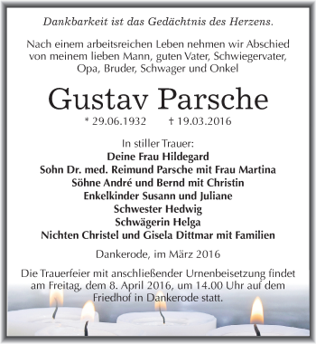 Traueranzeige von Gustav Parsche von Mitteldeutsche Zeitung Quedlinburg