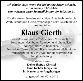 Traueranzeige von Klaus Gierth von Mitteldeutsche Zeitung Weißenfels