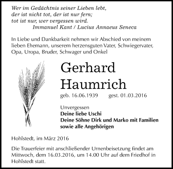 Traueranzeige von Gerhard Haumrich von Mitteldeutsche Zeitung Sangerhausen