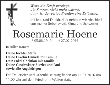 Traueranzeige von Rosemarie Hoene von WVG - Wochenspiegel Bitterfeld