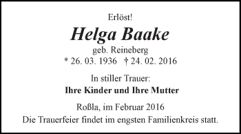 Traueranzeige von Helga Baake von Super Sonntag SGH Mansf. Land