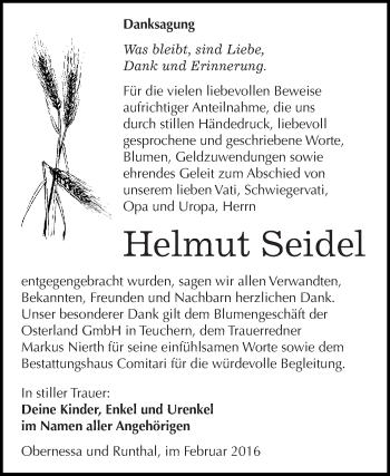 Traueranzeige von Helmut Seidel von WVG - Wochenspiegel NMB / WSF / ZTZ